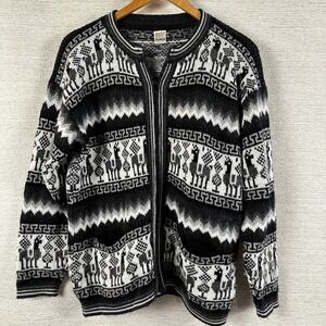 Peruvian Alpaca Zip Up Knit Sweater Black White Sz M/L Luxury Sustainable Soft